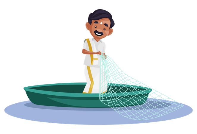 Homem tâmil está parado em um barco e segurando uma rede de pesca nas mãos  Ilustração