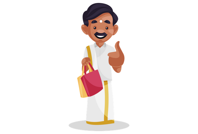 Homem tâmil está mostrando os polegares para cima e segurando sacolas de compras  Ilustração