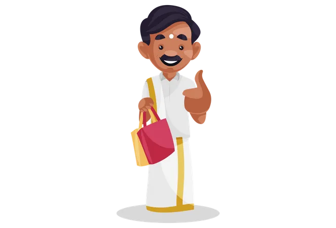 Homem tâmil está mostrando os polegares para cima e segurando sacolas de compras  Ilustração