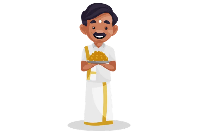 Tamil man holding plate of laddoos  Illustration