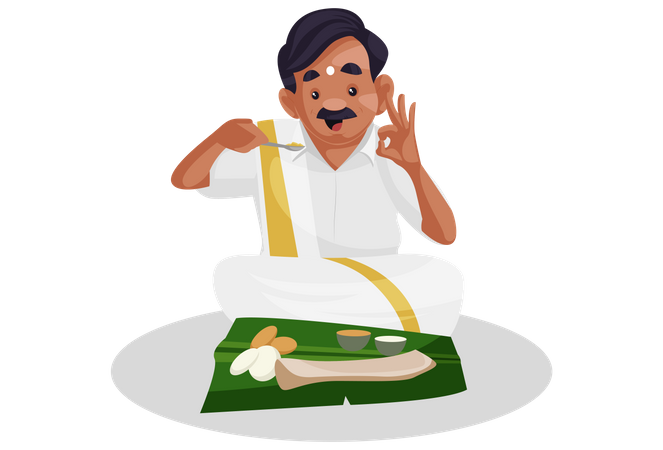 Tamil man is eating food on a banana leaf  Illustration