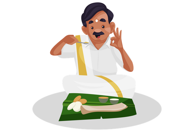 Tamil man is eating food on a banana leaf  イラスト