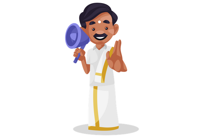 Tamil man is making announcement using megaphone  Illustration