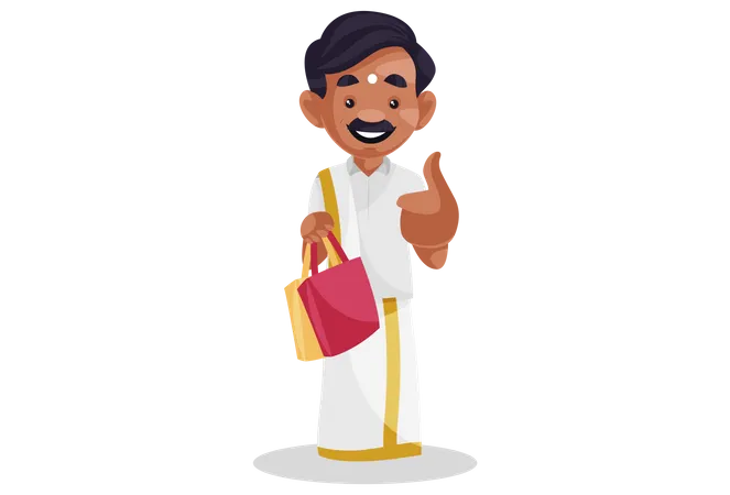 Tamil man is showing thumbs up and holding shopping bags  Illustration