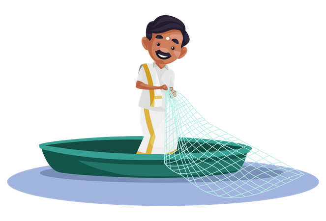 Tamil man is standing in a boat and holding a fishing net in his hands  Illustration