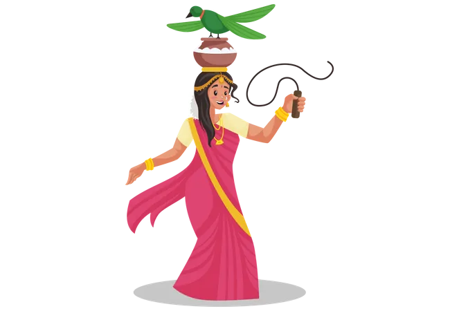 Tamil woman doing folk dance at the Pongal festival  Illustration