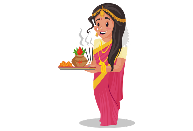 Tamil woman holding worship plate  Illustration