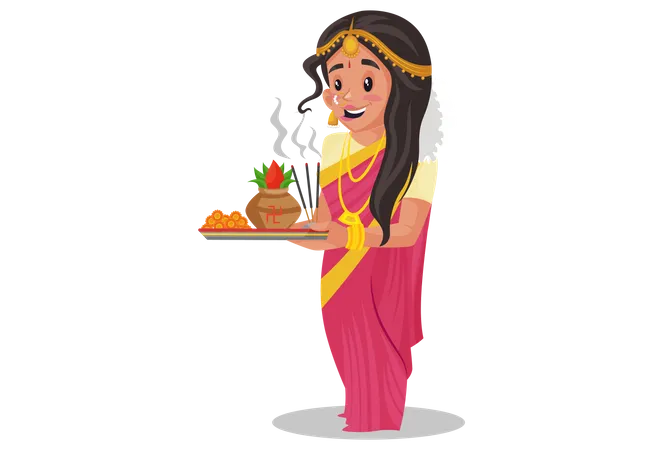 Tamil woman holding worship plate  Illustration