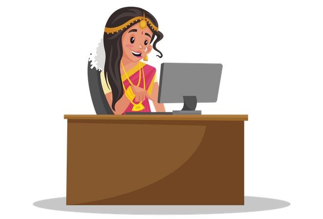 Tamil woman is working on the computer  Illustration
