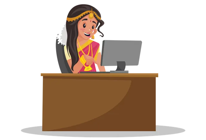 Tamil woman is working on the computer Illustration