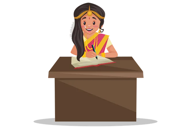 Tamil woman writing notes  Illustration