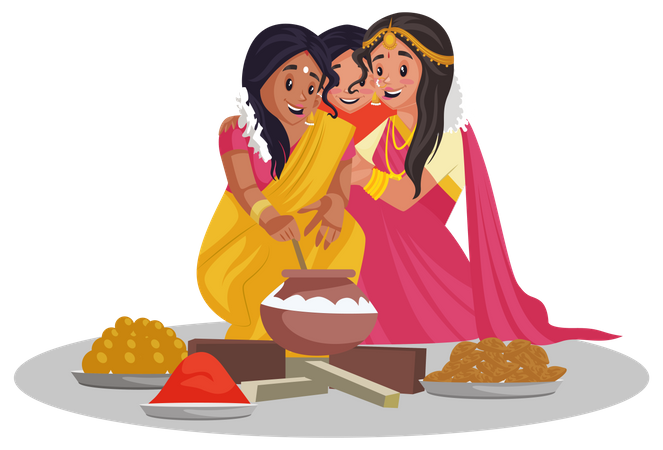 Tamil women are sitting together and cooking food  Illustration