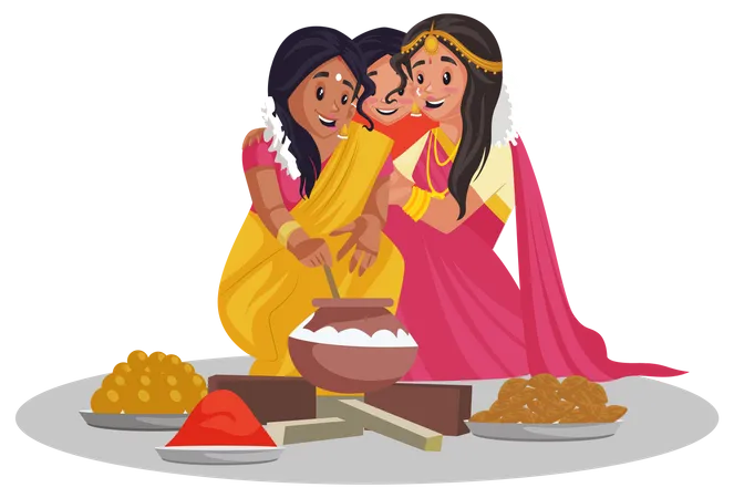 Tamil women are sitting together and cooking food  Illustration