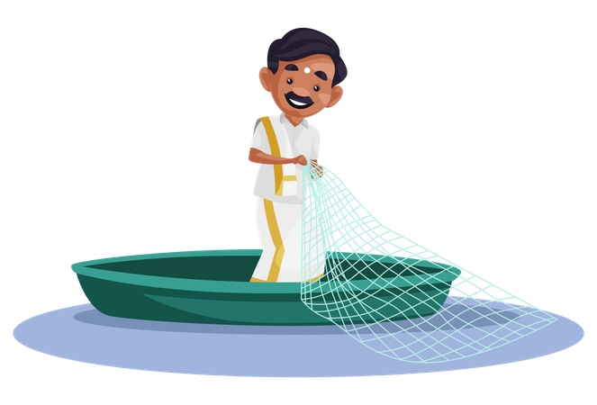 Tamilischer Mann steht in einem Boot und hält ein Fischernetz in seinen Händen  Illustration