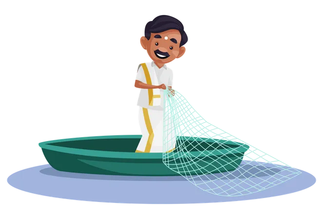 Tamilischer Mann steht in einem Boot und hält ein Fischernetz in seinen Händen  Illustration
