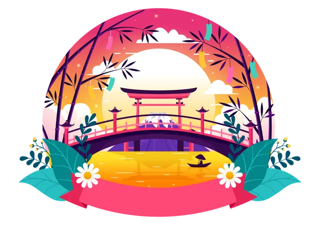 Tanabata Japan Festival Vector Illustration With People Wearing Kimono And Peonies Flowers In National Holiday Flat Cute Cartoon Background Illustration