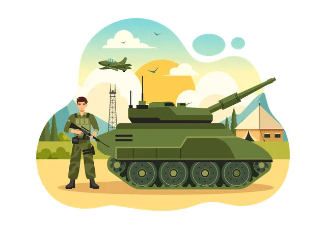 플랫 스타일 만화 배경에서 군인 무기 탱크 및 중보호 장비를 갖춘 군대의 벡터 그림 일러스트레이션