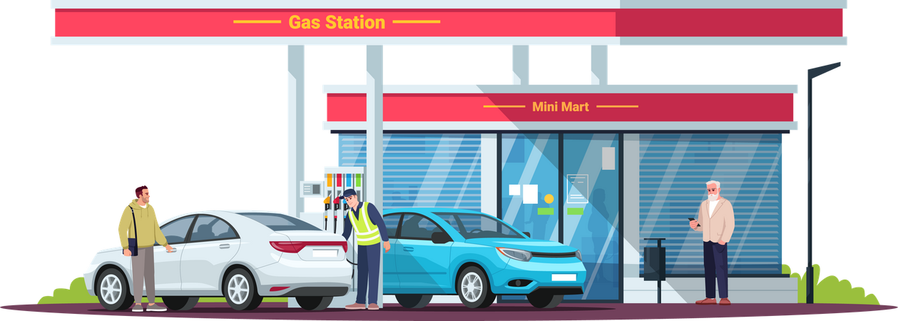 Tankstelle mit Menschen  Illustration