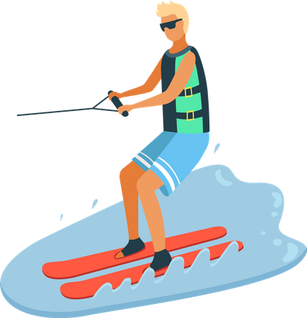 Tanned Boy enjoying Water Skiing  Illustration