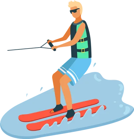Tanned Boy In Sunglasses And Life Jacket Water Skiing Young Man Wearing Swimming Trunks Doing Summertime Extreme Sport Summer Leisure Seasonal Activity Vector Illustration
