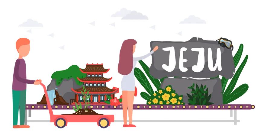Tapis roulant avec plantes et pierres, attraction de l'île de Jeju  Illustration