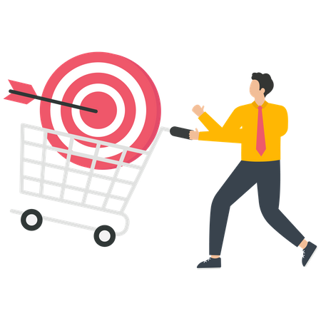 Target and an arrow in a shopping cart with businessman  Illustration