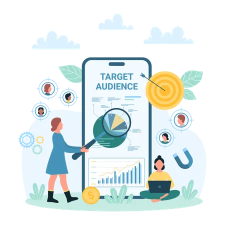 Target Audience Research Vector Illustration Cartoon Tiny People With Magnifying Glass Consulting About Customers Outreach And Focus Group Digital Targeting Service In Smartphone Mobile App Illustration