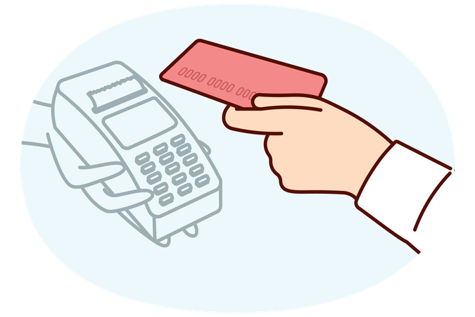 Tarjeta bancaria y terminal POS en manos de una persona para aceptar pagos sin contacto en la caja de la tienda  Ilustración