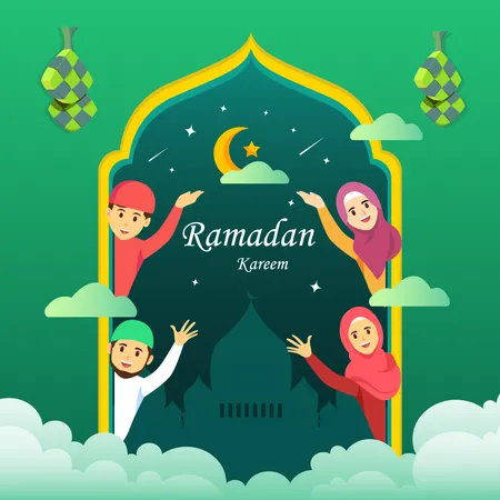 Tarjeta De Felicitacion De Bienvenida A La Ilustracion De Ramadan Con Un Lindo Personaje Musulman Feliz Vector Premium Ilustración