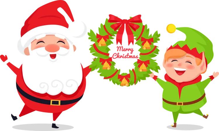 Tarjeta de felicitación con Papá Noel y Elfo, cartel web.  Ilustración