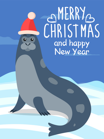 Tarjeta De Felicitación De Feliz Navidad Con Foca De Becerro De Mar  Ilustración