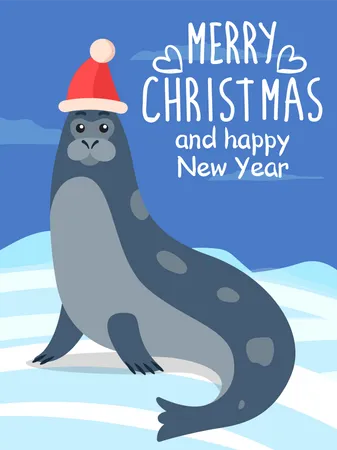 Tarjeta De Felicitación De Feliz Navidad Con Foca De Becerro De Mar  Ilustración