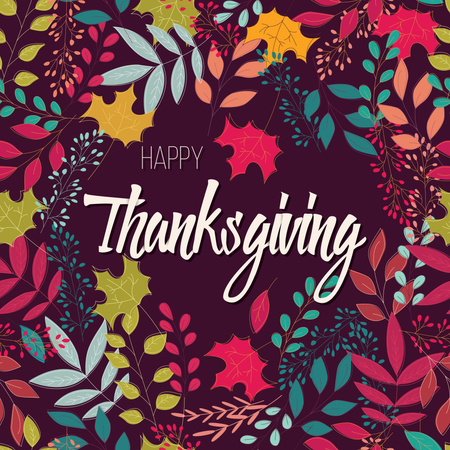 Tarjeta del feliz día de Acción de Gracias con elementos decorativos florales, diseño colorido  Ilustración