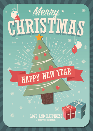 Tarjeta de feliz Navidad con árbol de Navidad y cajas de regalo sobre fondo de invierno, ilustración vectorial  Ilustración