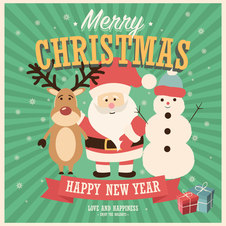 Tarjeta de feliz Navidad con Santa Claus, muñeco de nieve y renos con cajas de regalo, ilustración vectorial  Ilustración