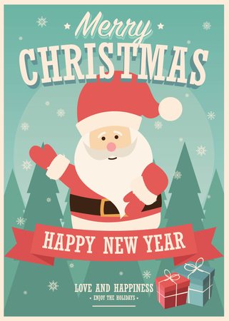 Tarjeta de feliz Navidad con Santa Claus y cajas de regalo sobre fondo de invierno, ilustración vectorial  Ilustración
