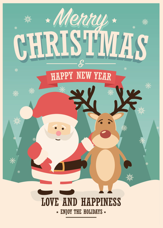 Tarjeta de feliz Navidad con Santa Claus y renos sobre fondo de invierno, ilustración vectorial  Ilustración