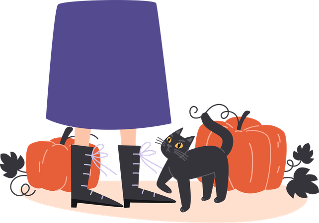 Gato negro y calabazas  Ilustración
