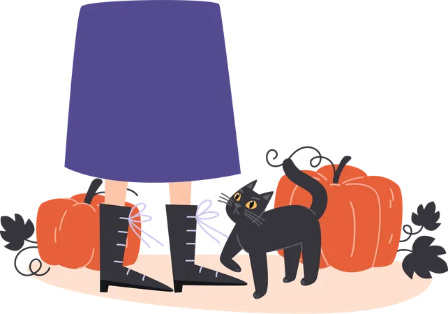 Gato negro y calabazas  Ilustración