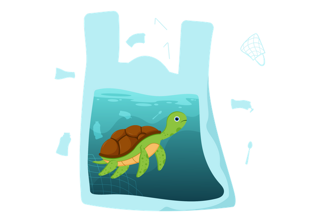 Tartaruga em saco plástico  Ilustração