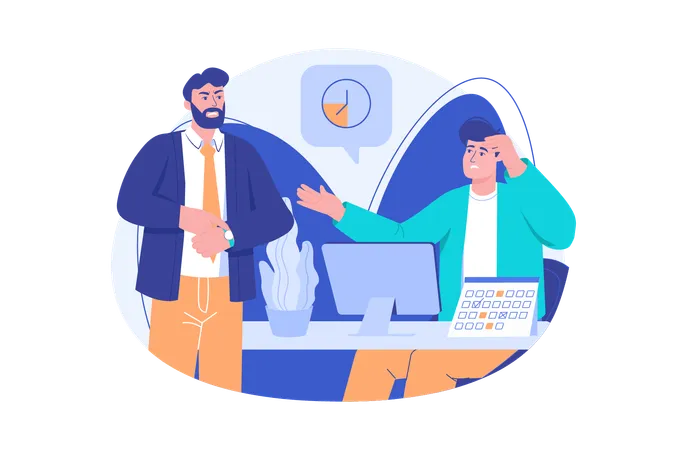 Deadline Blue Concept With People Scene In The Flat Cartoon Style Director Reminds The Employee That Tasks Must Be Completed On Time Vector Illustration Illustration