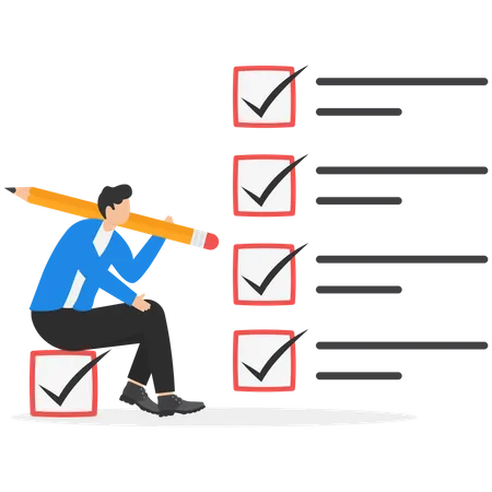 Getting Things Done Completed Tasks Or Business Accomplishment Finished Checklist Achievement Or Project Progression Concept Businessman Expert Holding Pencil Tick All Completed Task Checkbox Illustration