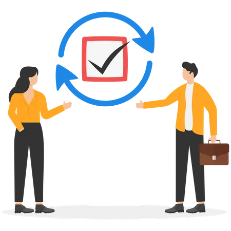 Task Rechecking Review Completed Work To Identify And Correct Error Carefulness In Working Concept Businessman And Woman With Completed Checkbox And Circular Arrows Around Illustration