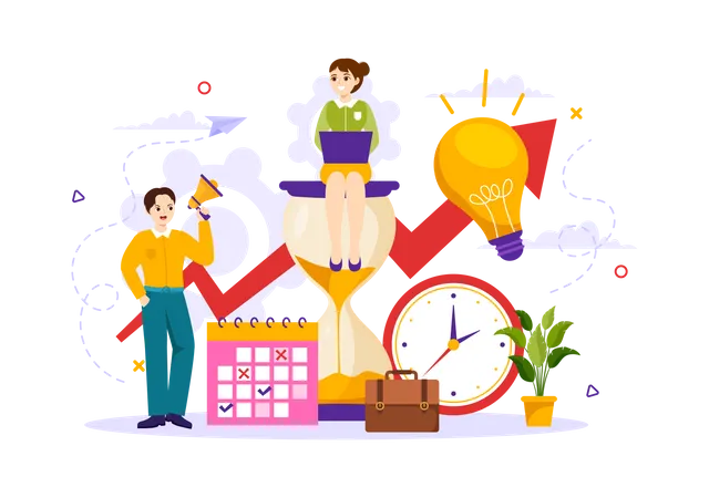 Time Management Vector Illustration With Clock Controls And Tasks Planning Training Activities Schedule In Flat Cartoon Hand Drawn Templates Illustration