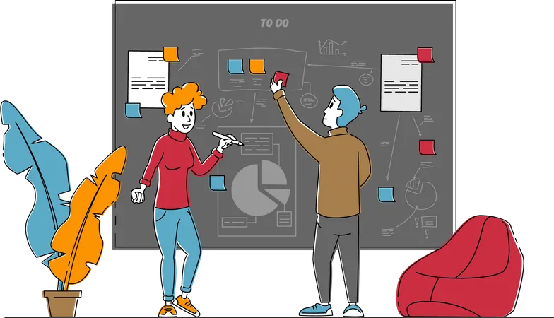 Business People Characters Put Stick Notes And Painting Graphs On Scrum Board Create Task Strategy Of Project Management Agile Software Development And Kanban Technology Linear Vector Illustration Illustration