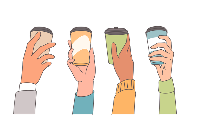 Tasses de café jetables entre les mains de personnes qui aiment boire des boissons chaudes à emporter en marchant  Illustration