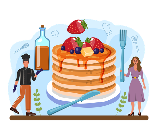 Tasty pancake for breakfast with berry and maple syrup  Illustration
