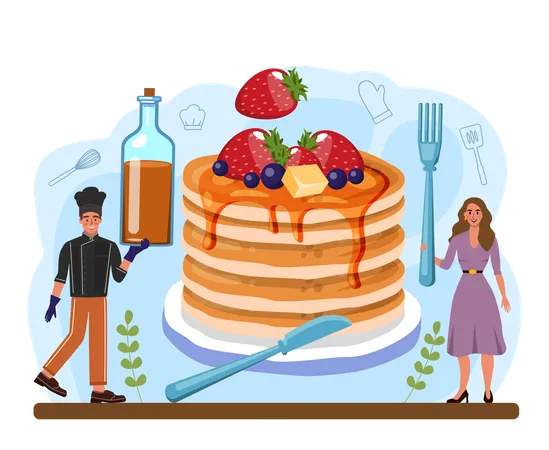 Pancake Tasty Pancake For Breakfast With Berry And Maple Syrup Honey Or Chocolate Topping Homemade Dessert Flat Vector Illustration Illustration