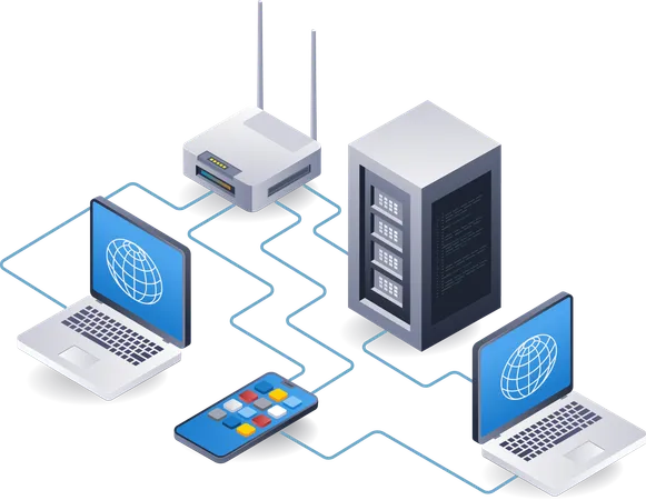Tathering system for computer network server developer  Illustration