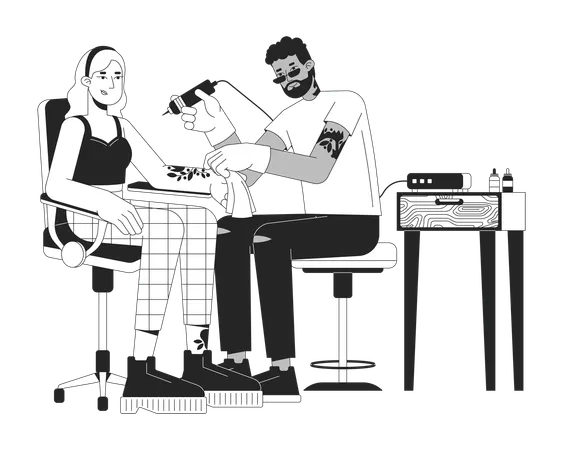 Black Artist Making Tattoo On Woman Arm Black And White 2 D Line Cartoon Characters Caucasian Female Tattooing Procedure Isolated Vector Outline People Body Art Monochromatic Flat Spot Illustration Illustration